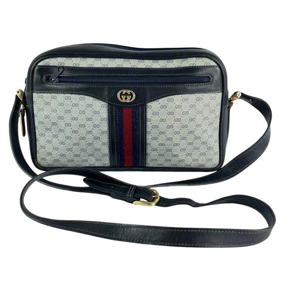 GUCCI Navy Blue Micro GG Canvas Leather Ophidia Web Sherry Line Crossbody Bag - Picture 1 of 16
